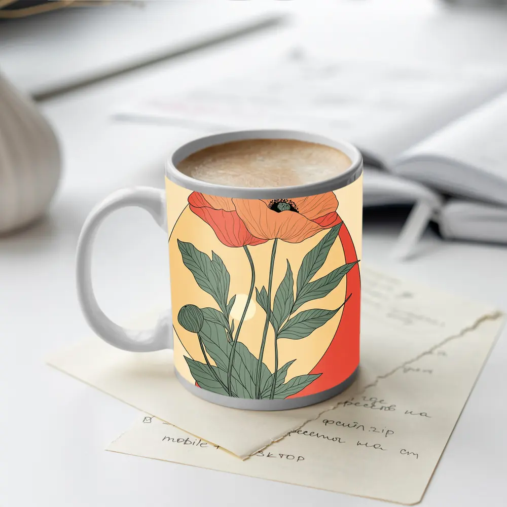 Poppy Flower Botanical Illustration Warm Beige – Mugs