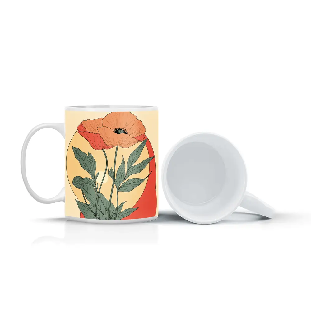 Poppy Flower Botanical Illustration Warm Beige – Mugs