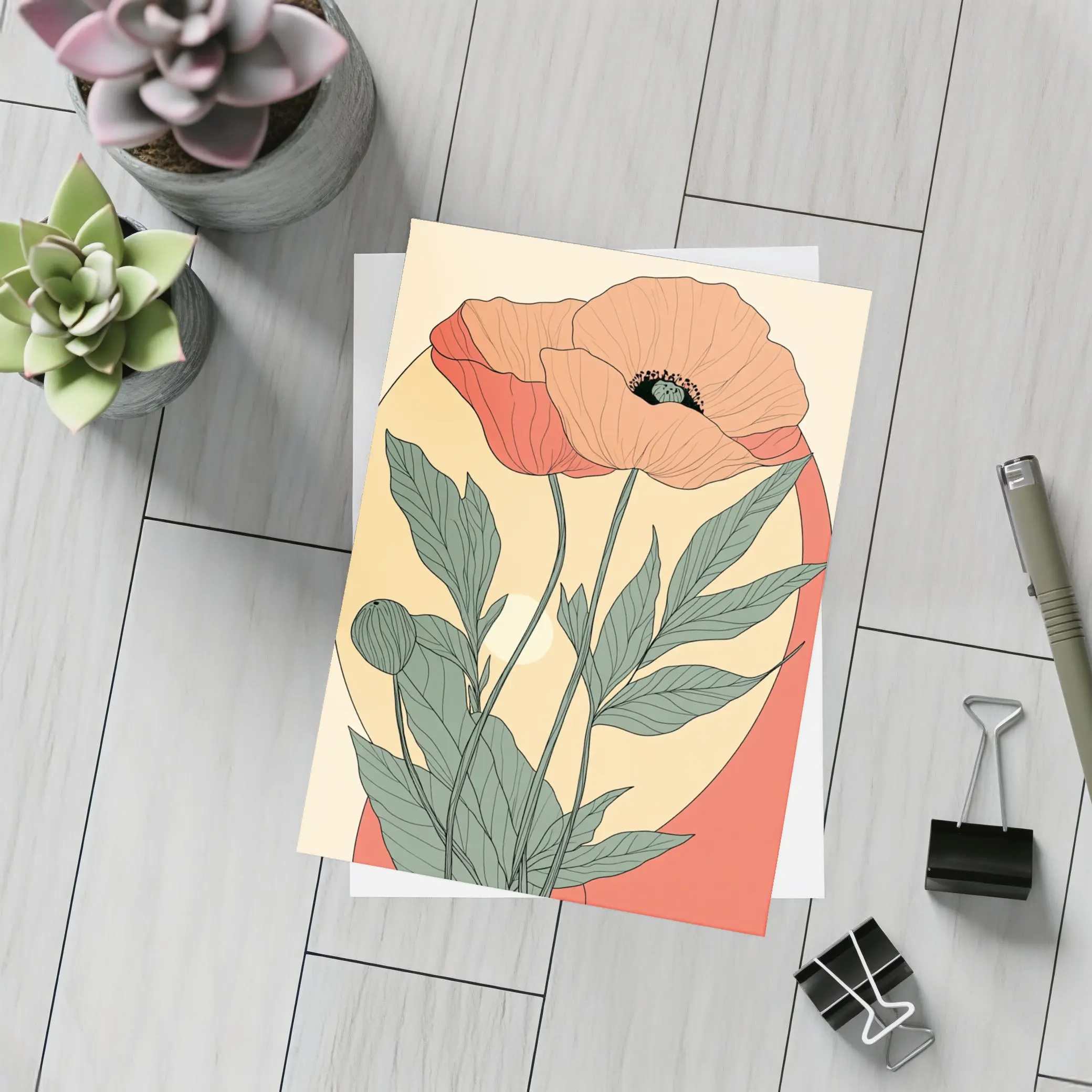 Poppy Flower Botanical Illustration Warm Beige – Postcards