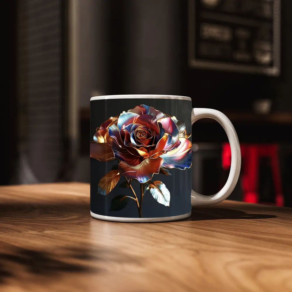 Metallic Rose Iridescent Petals Gold Dark Background – Mugs