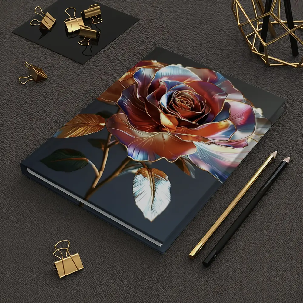 Metallic Rose Iridescent Petals Gold Dark Background – Notebooks