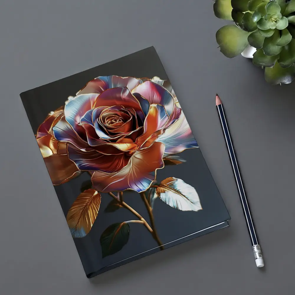 Metallic Rose Iridescent Petals Gold Dark Background – Notebooks