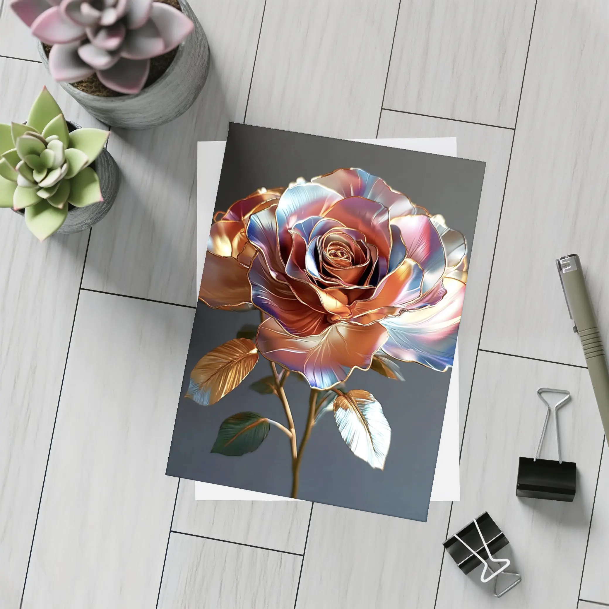 Metallic Rose Iridescent Petals Gold Dark Background – Postcards