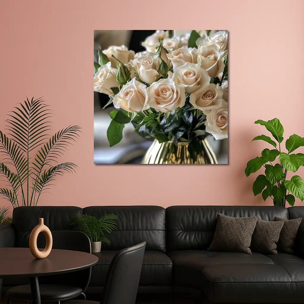 Cream Roses Bouquet in Gold Vase – Wall Art