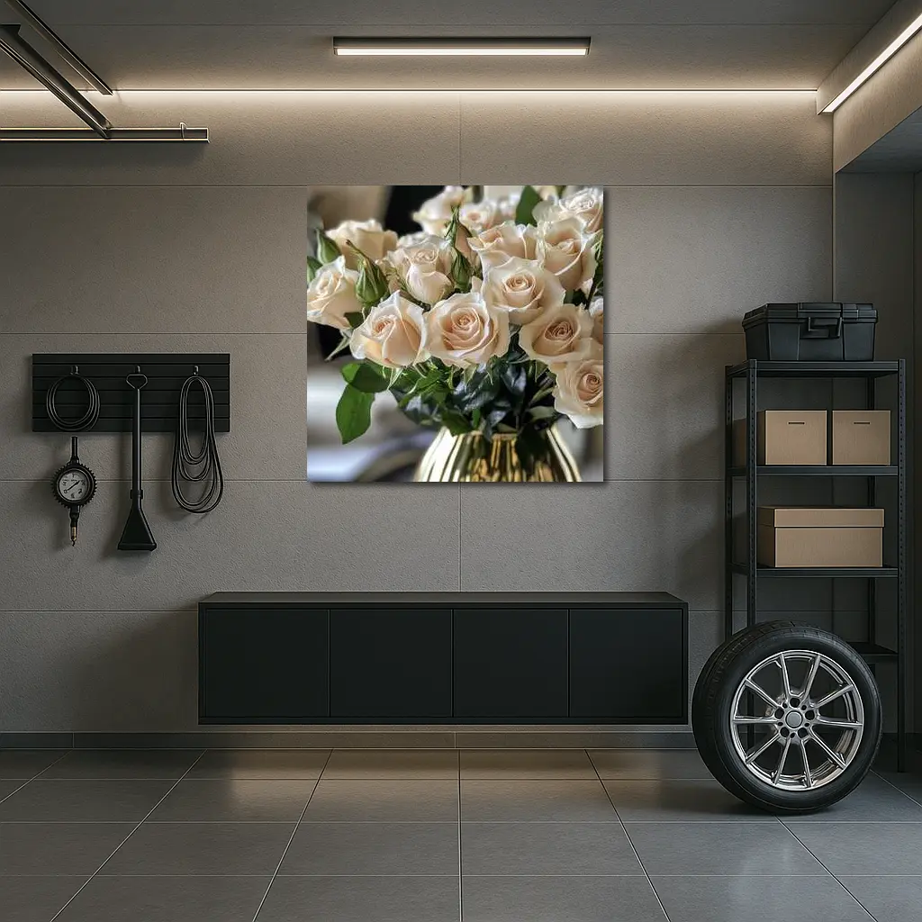 Cream Roses Bouquet in Gold Vase – Wall Art