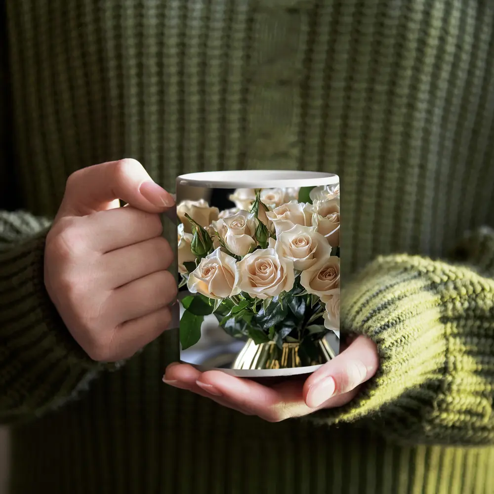 Cream Roses Bouquet in Gold Vase – Mugs