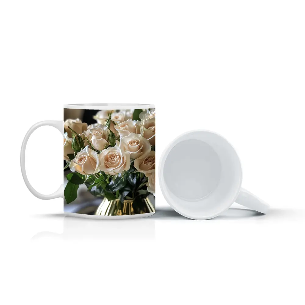 Cream Roses Bouquet in Gold Vase – Mugs