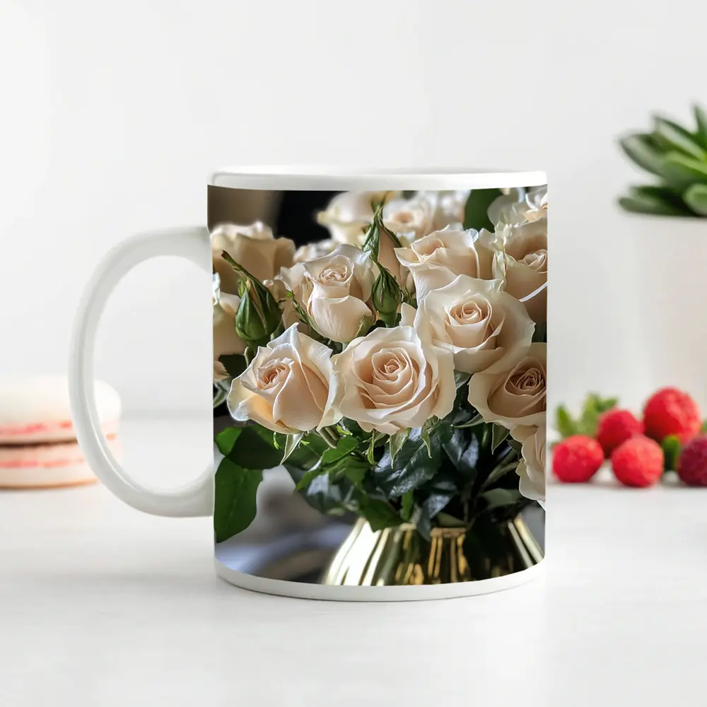 Cream Roses Bouquet in Gold Vase – Mugs