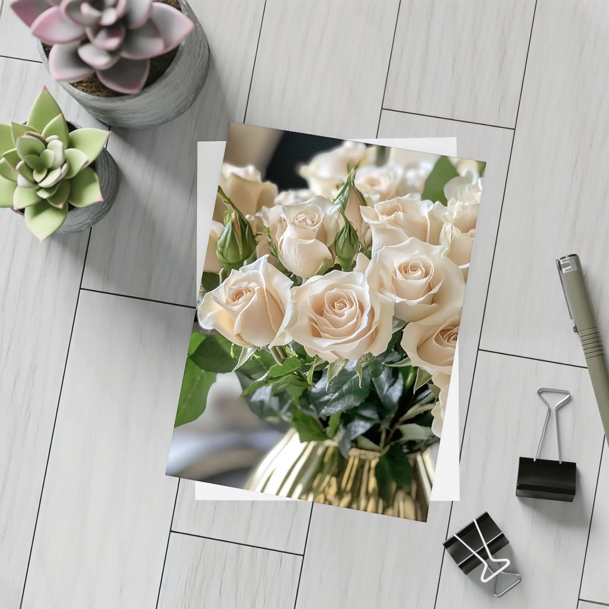 Cream Roses Bouquet in Gold Vase – Postcards
