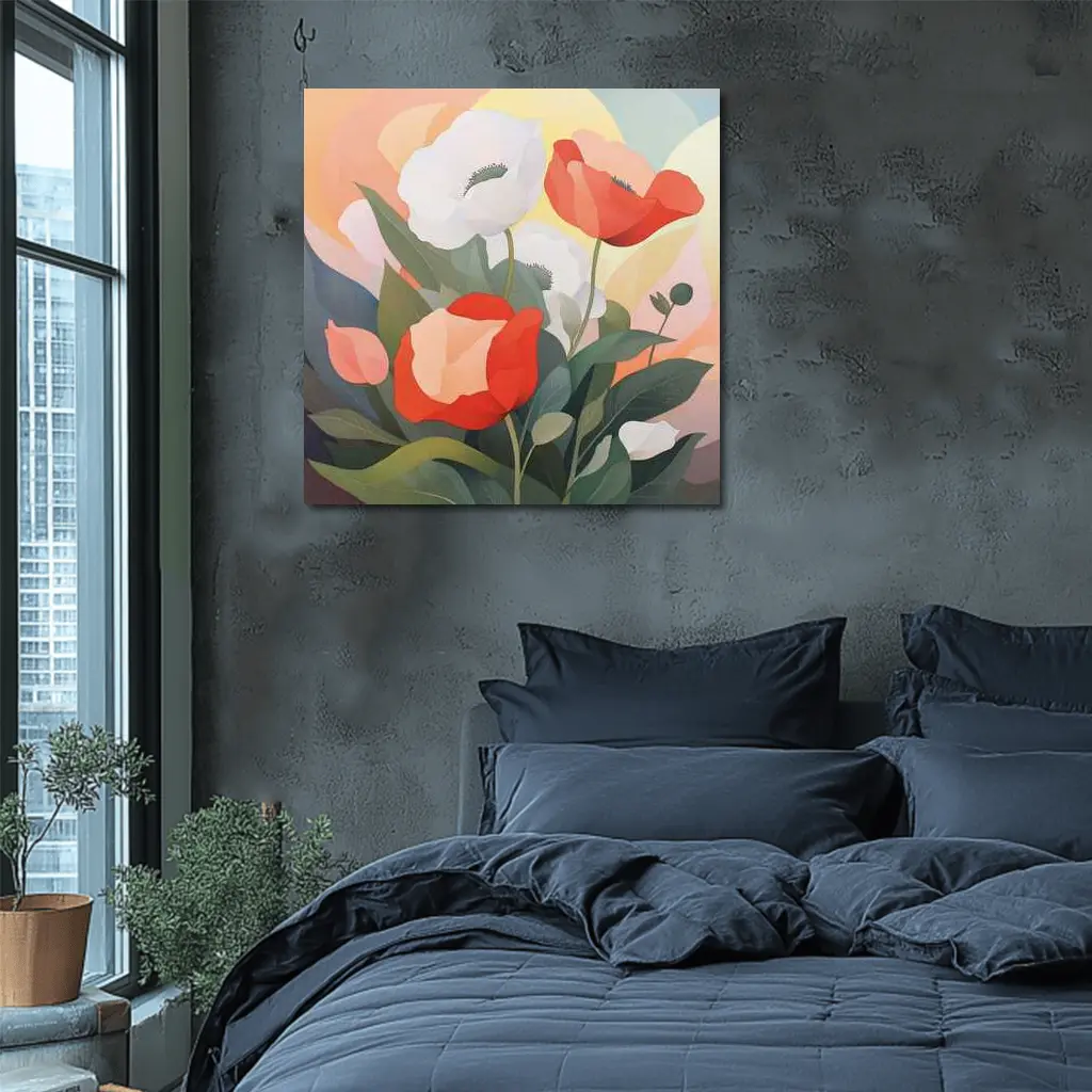 Red White Poppies Soft Pastel Background Art – Wall Art