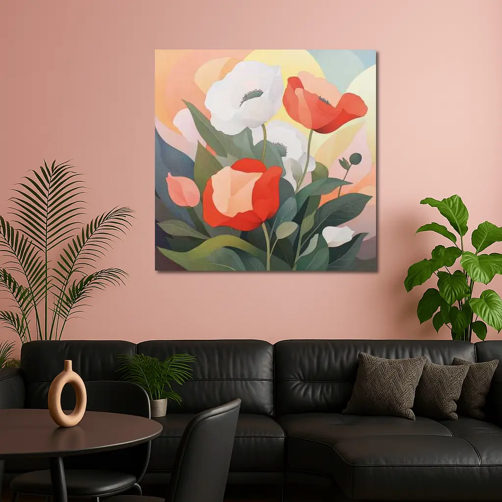 Red White Poppies Soft Pastel Background Art – Wall Art
