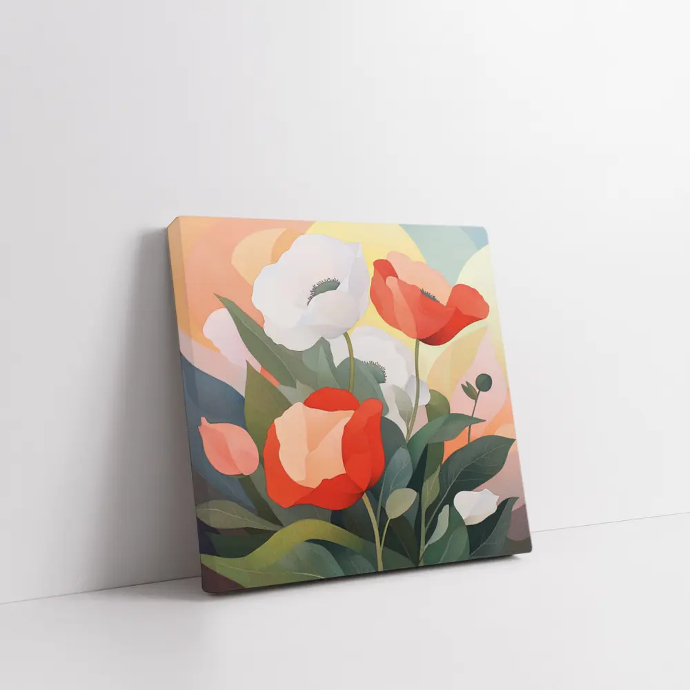 Red White Poppies Soft Pastel Background Art – Wall Art