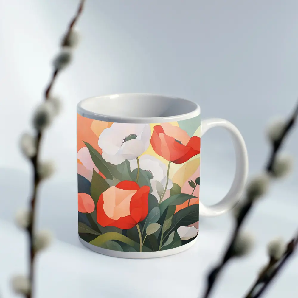 Red White Poppies Soft Pastel Background Art – Mugs