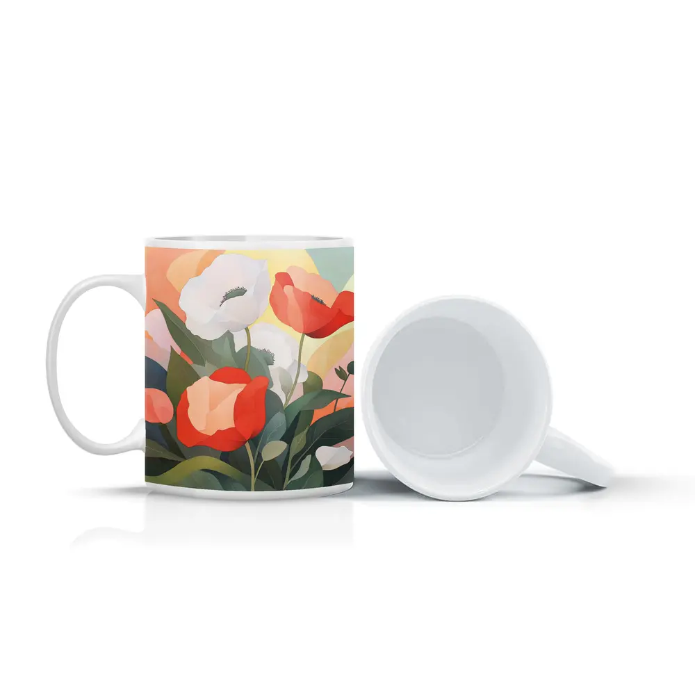 Red White Poppies Soft Pastel Background Art – Mugs