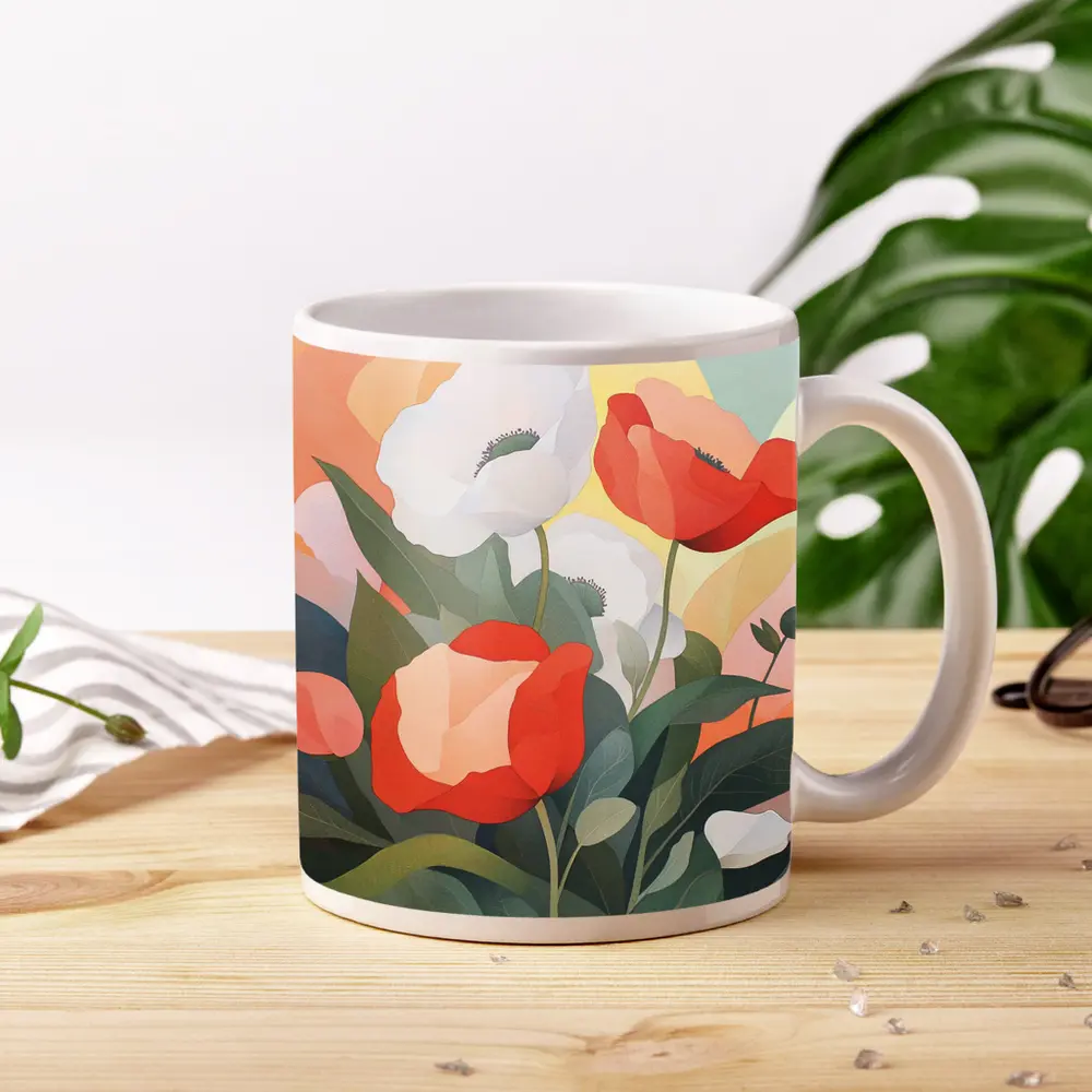 Red White Poppies Soft Pastel Background Art – Mugs