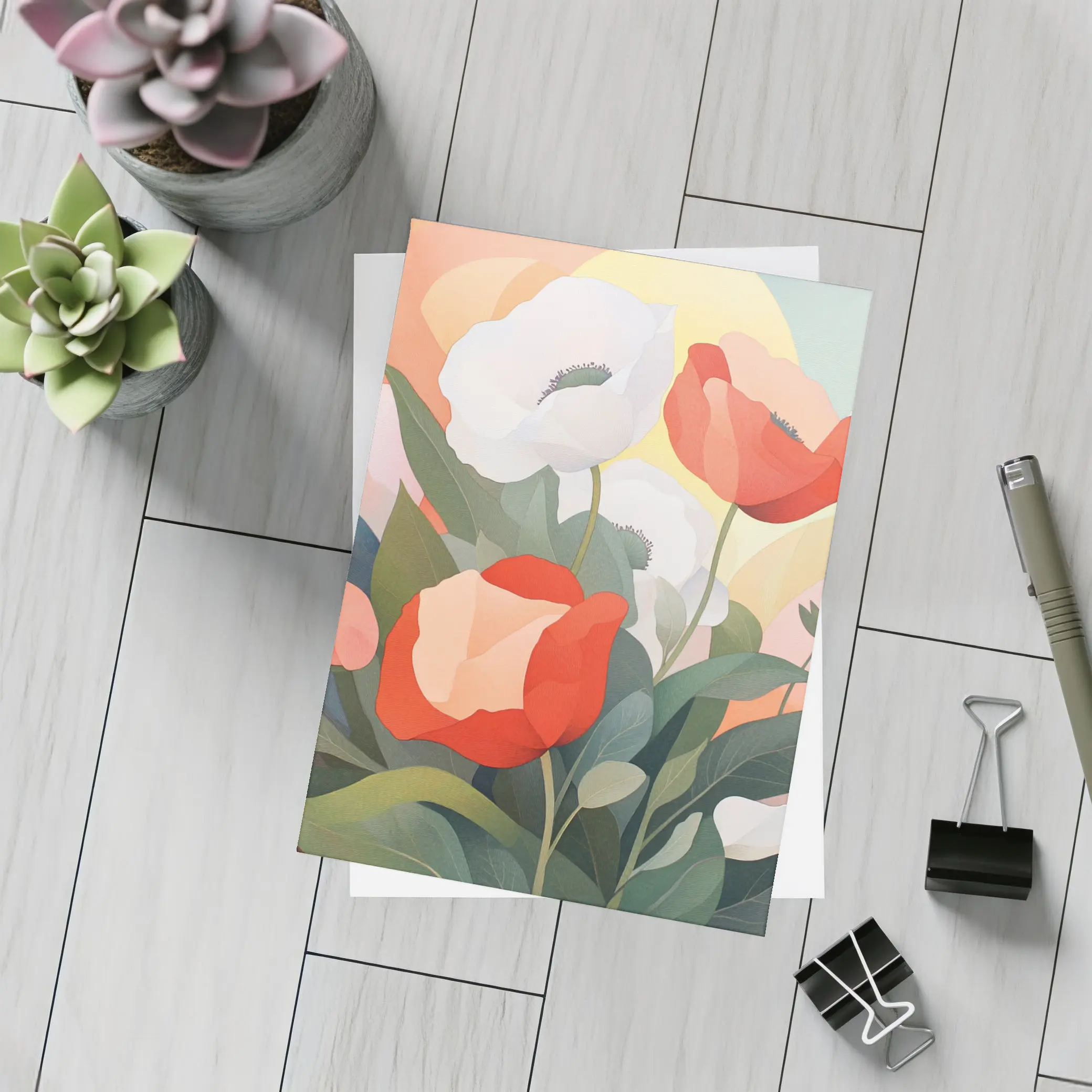 Red White Poppies Soft Pastel Background Art – Postcards