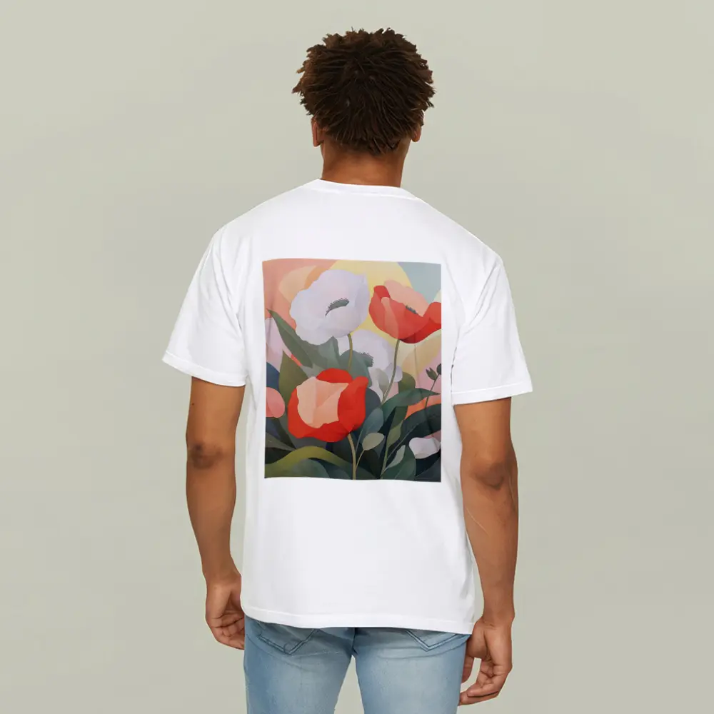 Red White Poppies Soft Pastel Background Art – T-Shirts