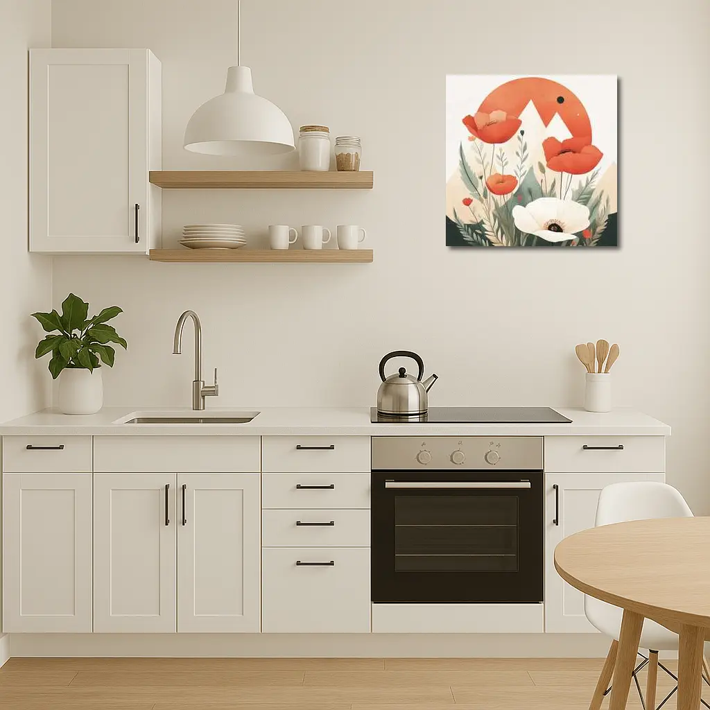 Red Poppies White Flower Mountain Sun Illustration – Wall Art