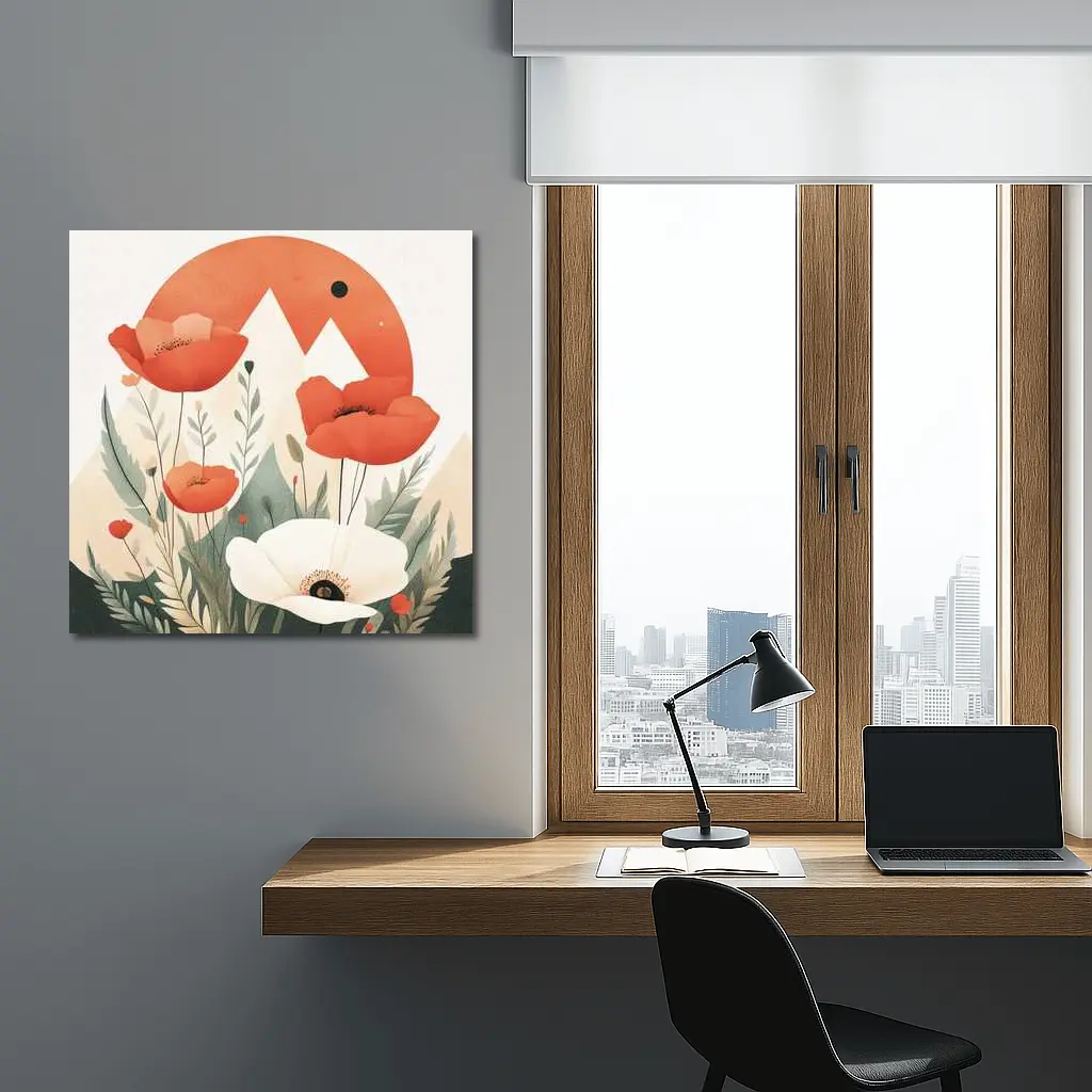 Red Poppies White Flower Mountain Sun Illustration – Wall Art