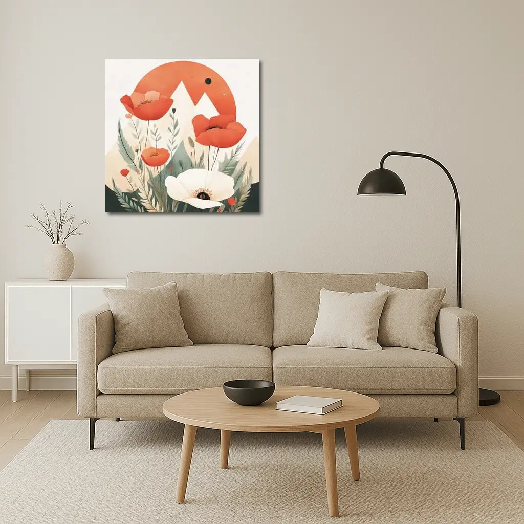 Red Poppies White Flower Mountain Sun Illustration – Wall Art