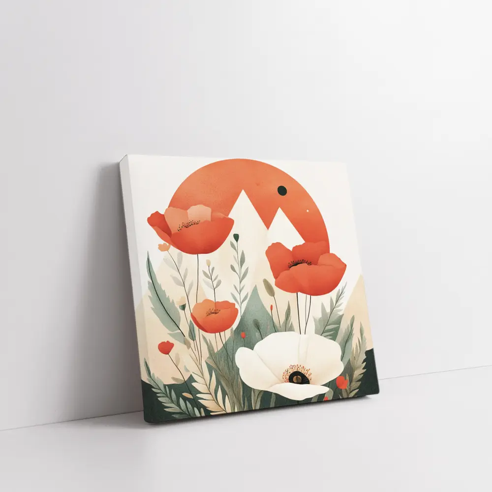 Red Poppies White Flower Mountain Sun Illustration – Wall Art