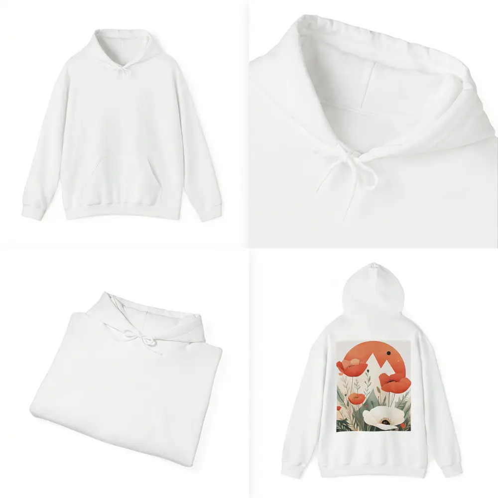 Red Poppies White Flower Mountain Sun Illustration – Hoodies