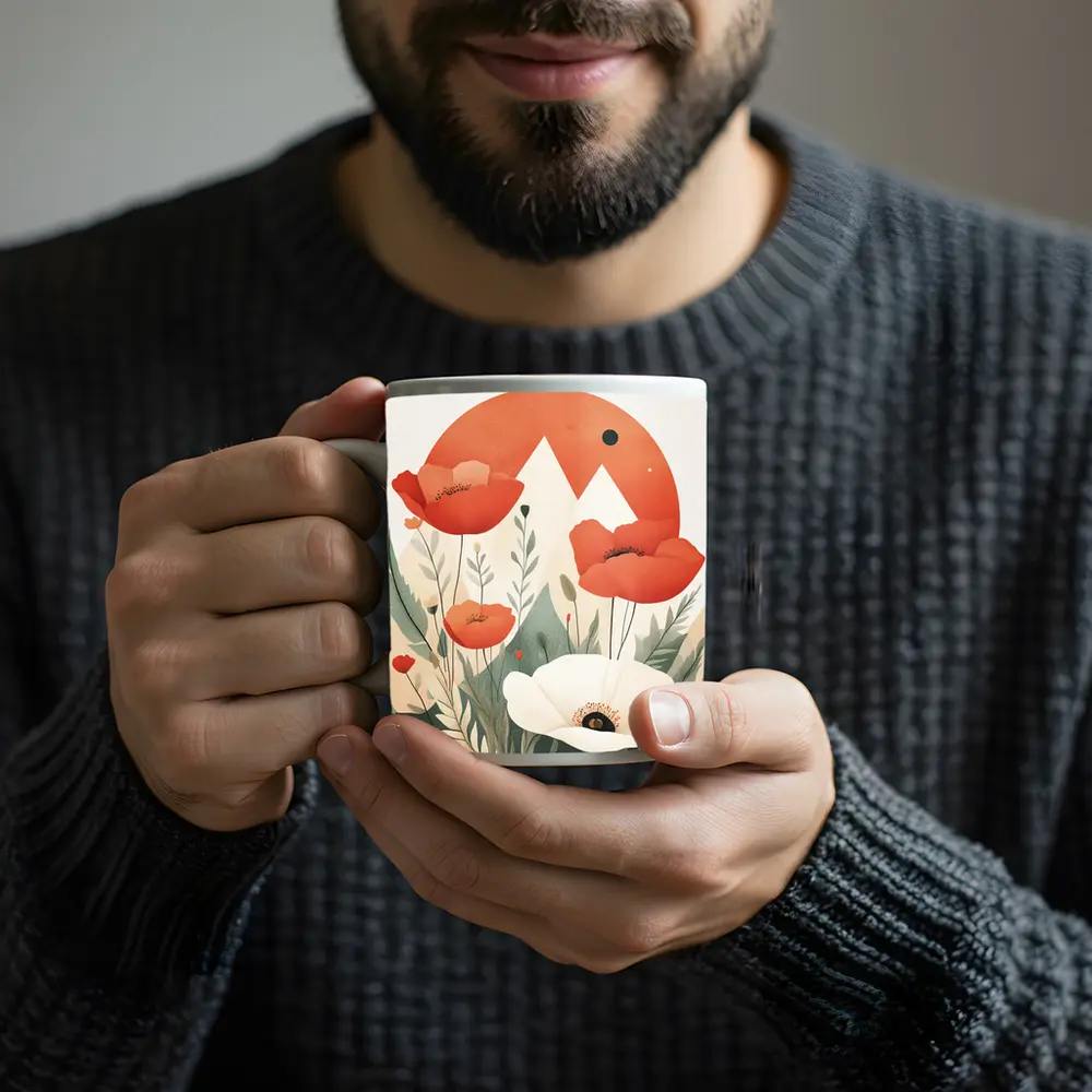 Red Poppies White Flower Mountain Sun Illustration – Mugs