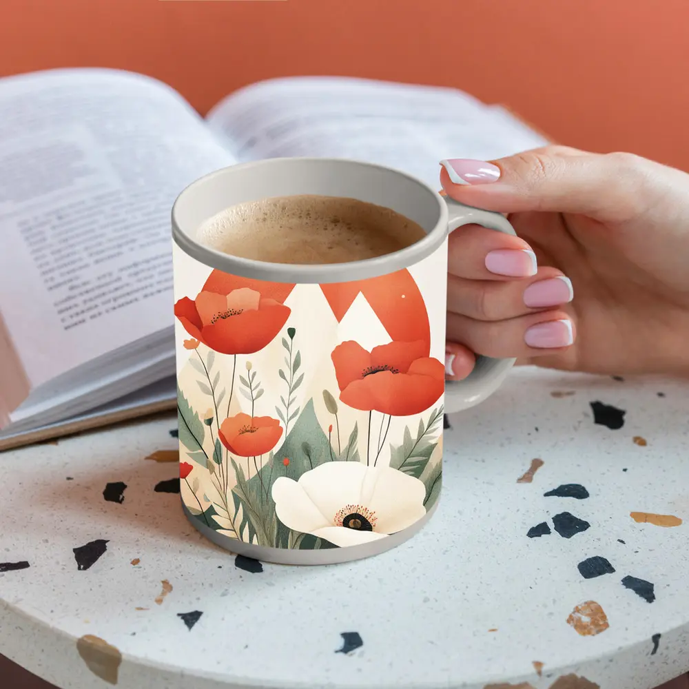 Red Poppies White Flower Mountain Sun Illustration – Mugs