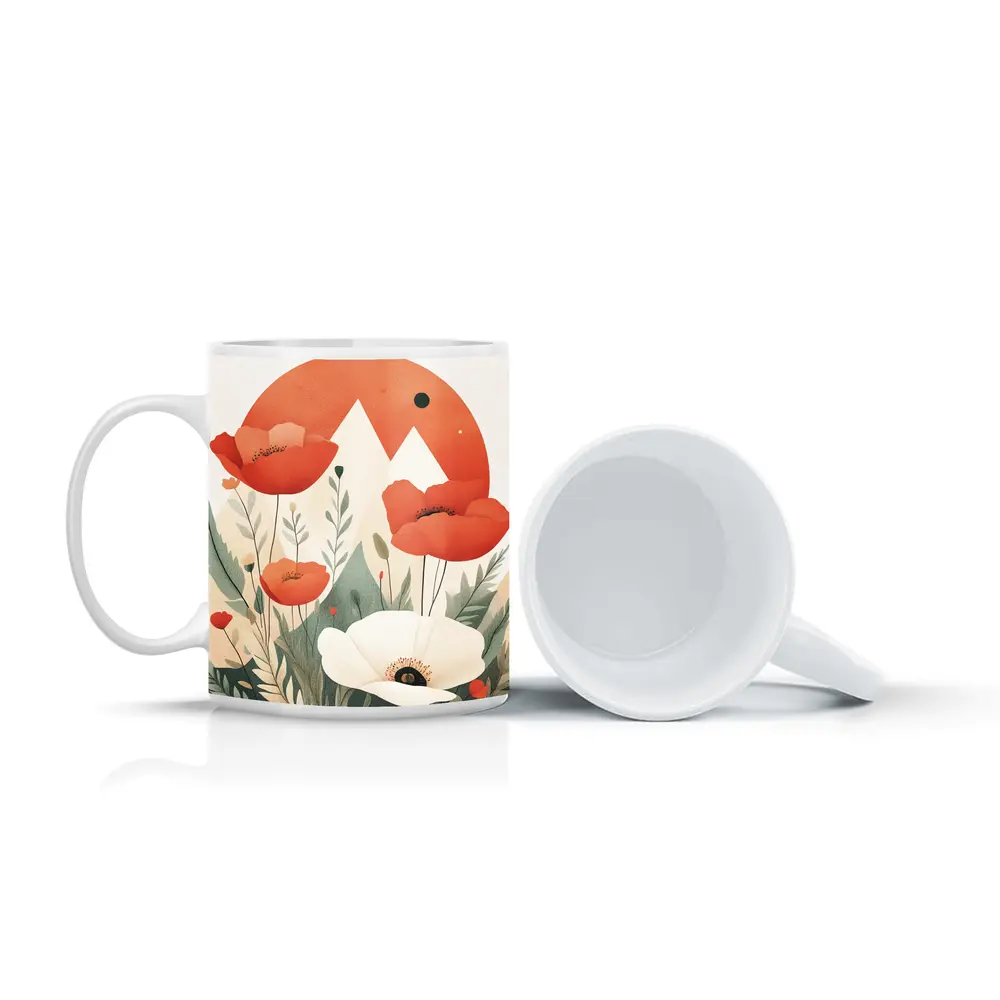 Red Poppies White Flower Mountain Sun Illustration – Mugs