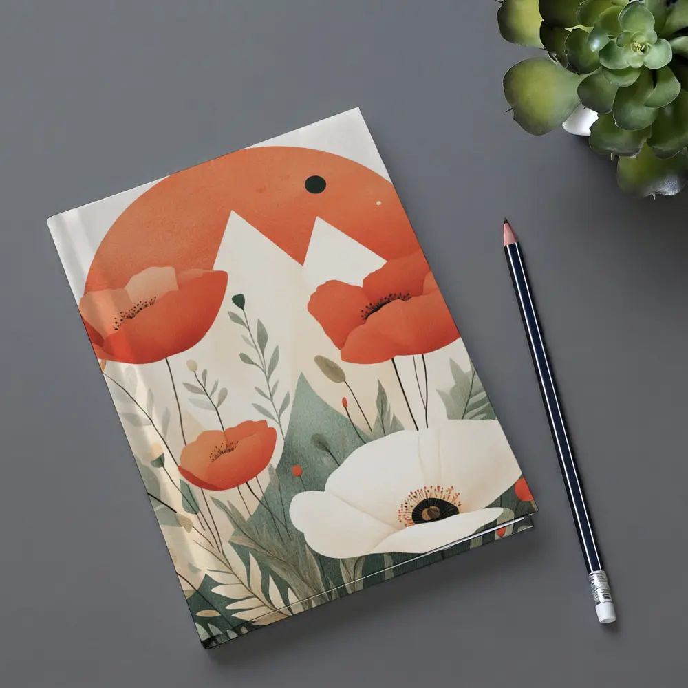 Red Poppies White Flower Mountain Sun Illustration – Notebooks