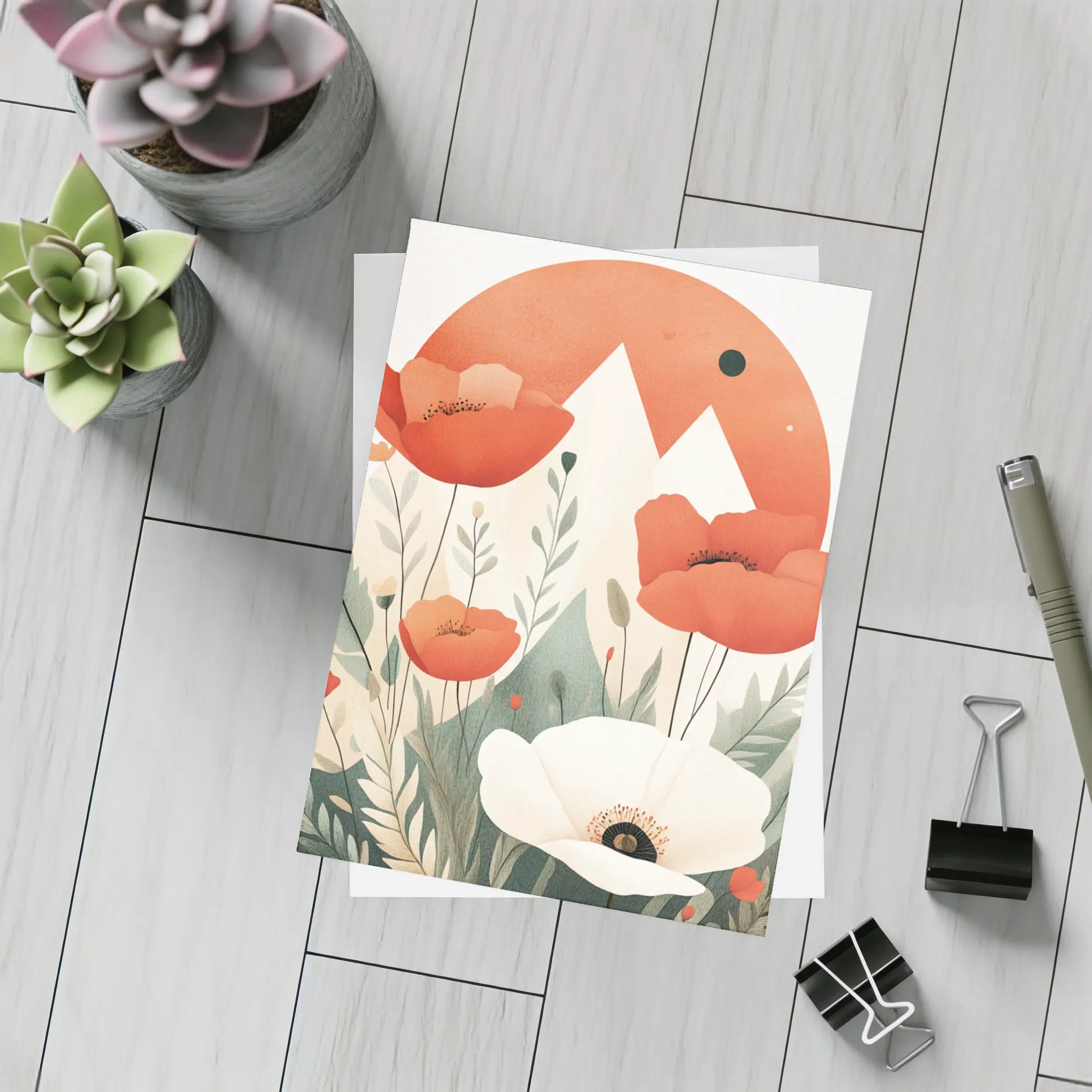 Red Poppies White Flower Mountain Sun Illustration – Postcards