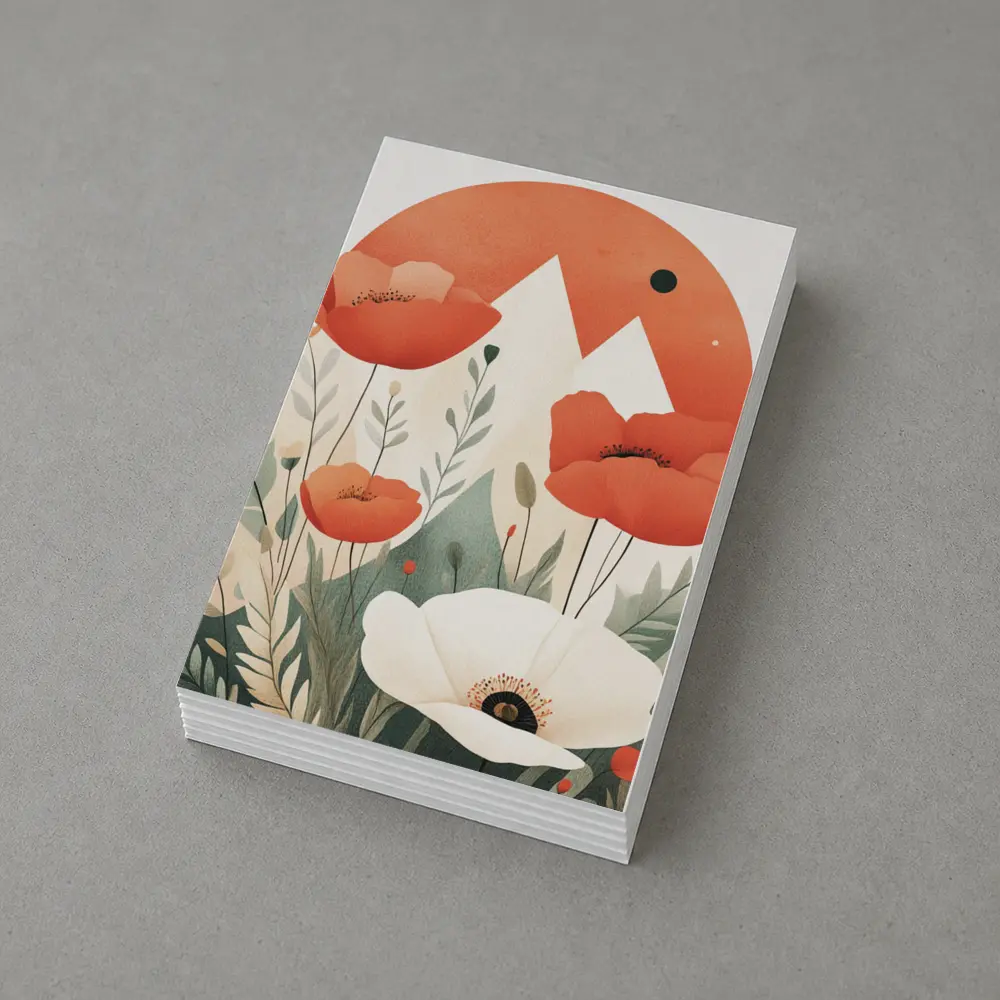 Red Poppies White Flower Mountain Sun Illustration – Postcards