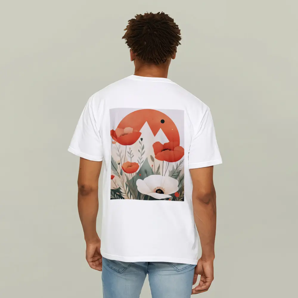 Red Poppies White Flower Mountain Sun Illustration – T-Shirts