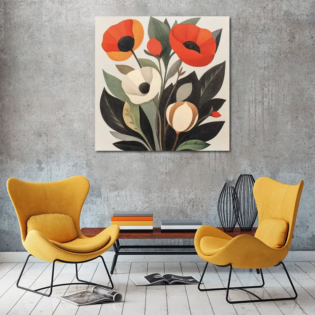 Red Poppies Botanical Illustration Dark Leaves – Wall Art