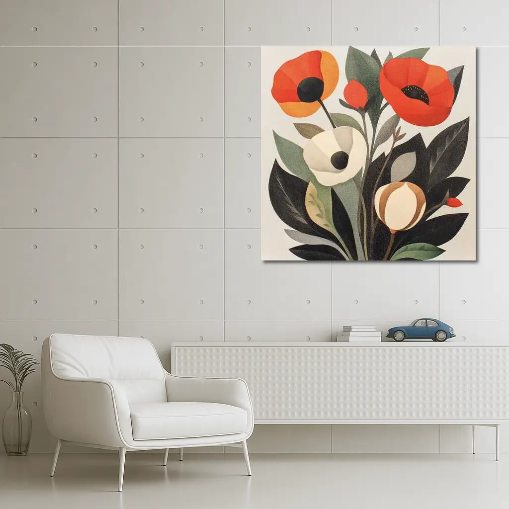 Red Poppies Botanical Illustration Dark Leaves – Wall Art
