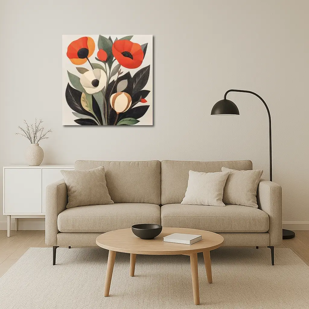 Red Poppies Botanical Illustration Dark Leaves – Wall Art
