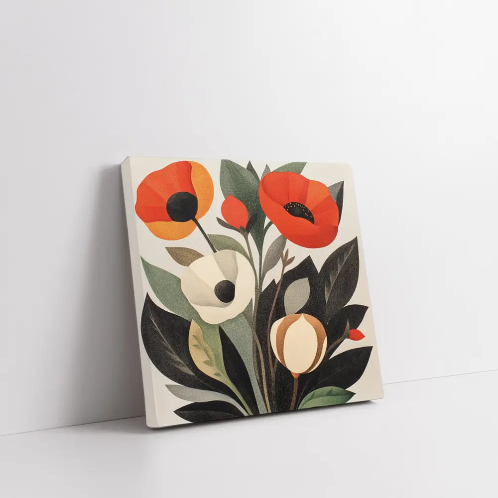 Red Poppies Botanical Illustration Dark Leaves – Wall Art
