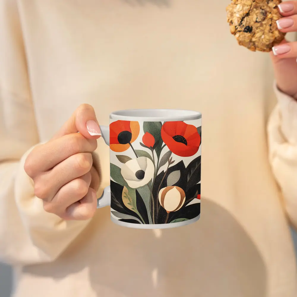 Red Poppies Botanical Illustration Dark Leaves – Mugs