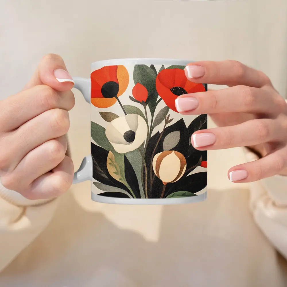 Red Poppies Botanical Illustration Dark Leaves – Mugs