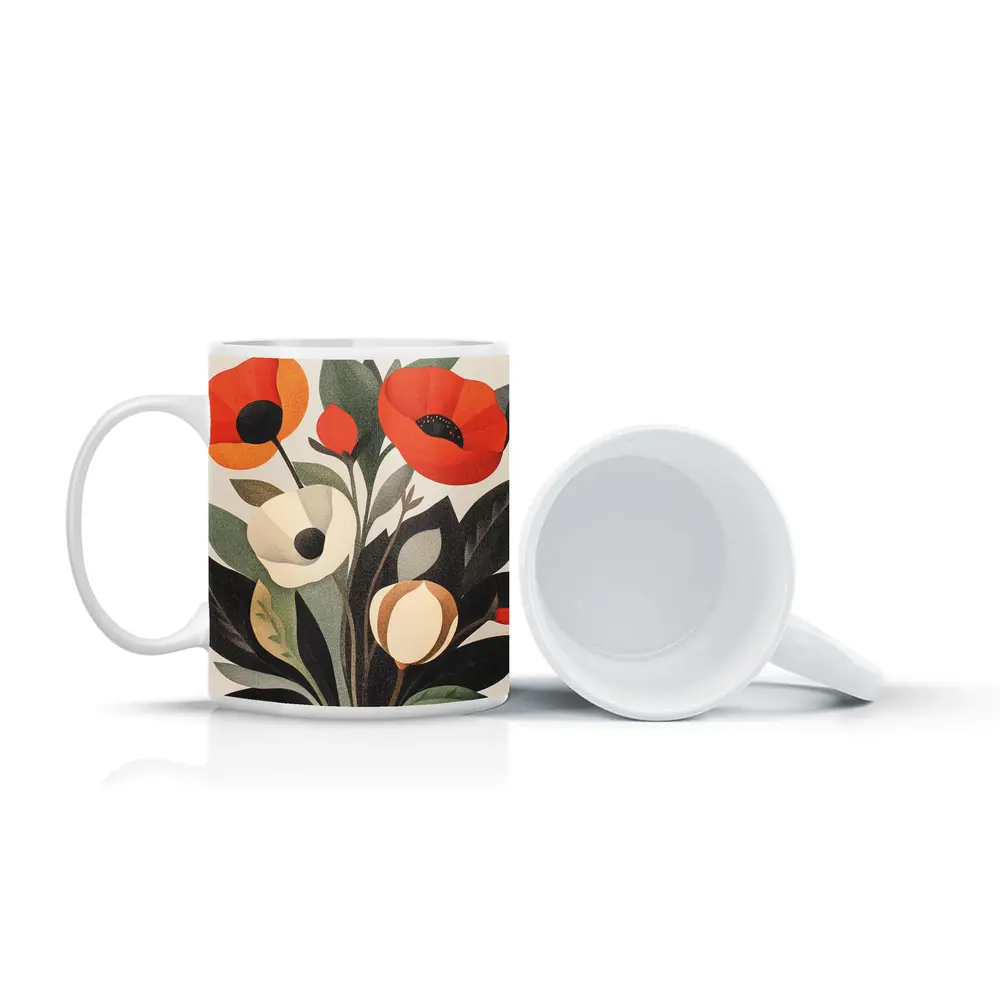 Red Poppies Botanical Illustration Dark Leaves – Mugs