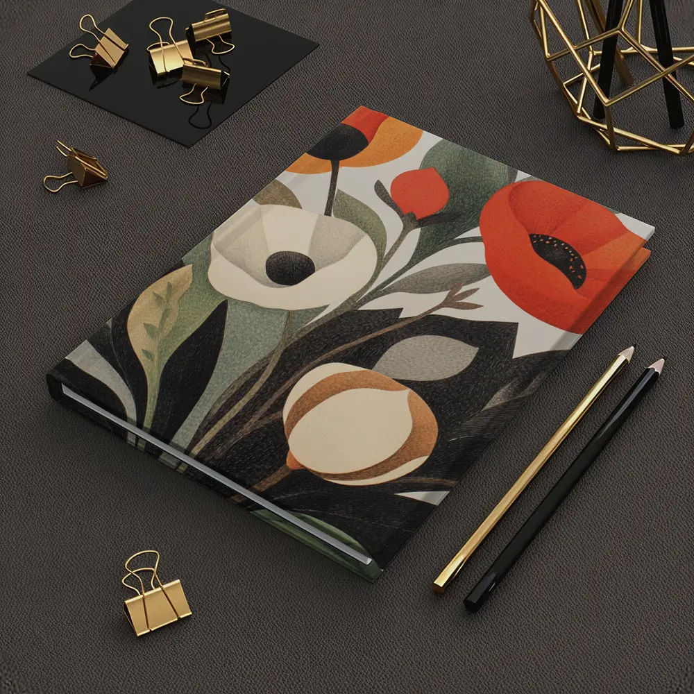 Red Poppies Botanical Illustration Dark Leaves – Notebooks