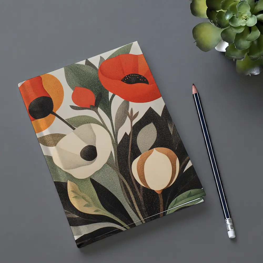 Red Poppies Botanical Illustration Dark Leaves – Notebooks