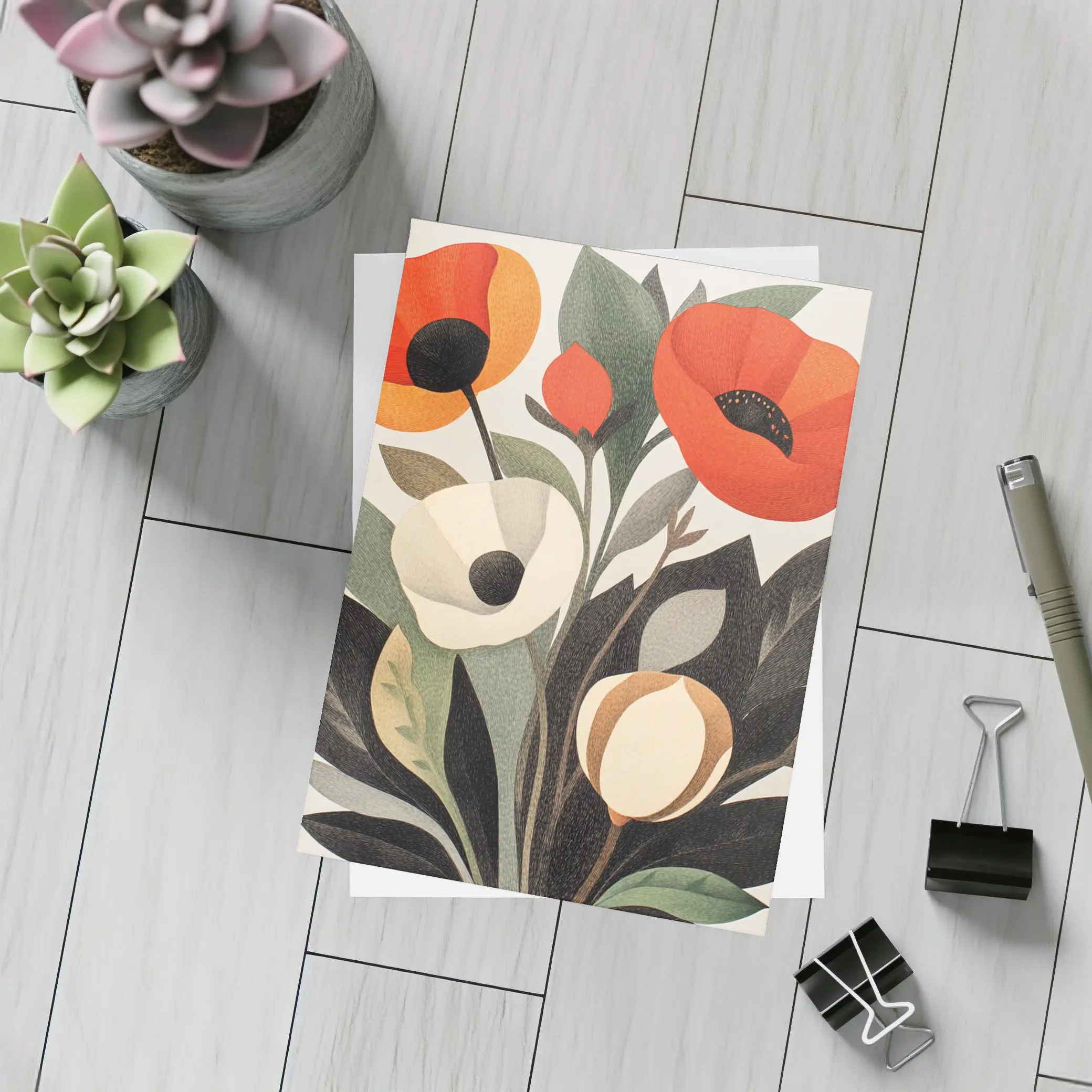Red Poppies Botanical Illustration Dark Leaves – Postcards