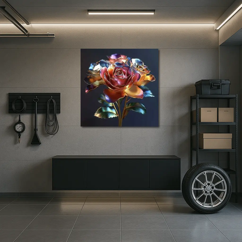 Metallic Roses Bouquet Dark Blue Background – Wall Art