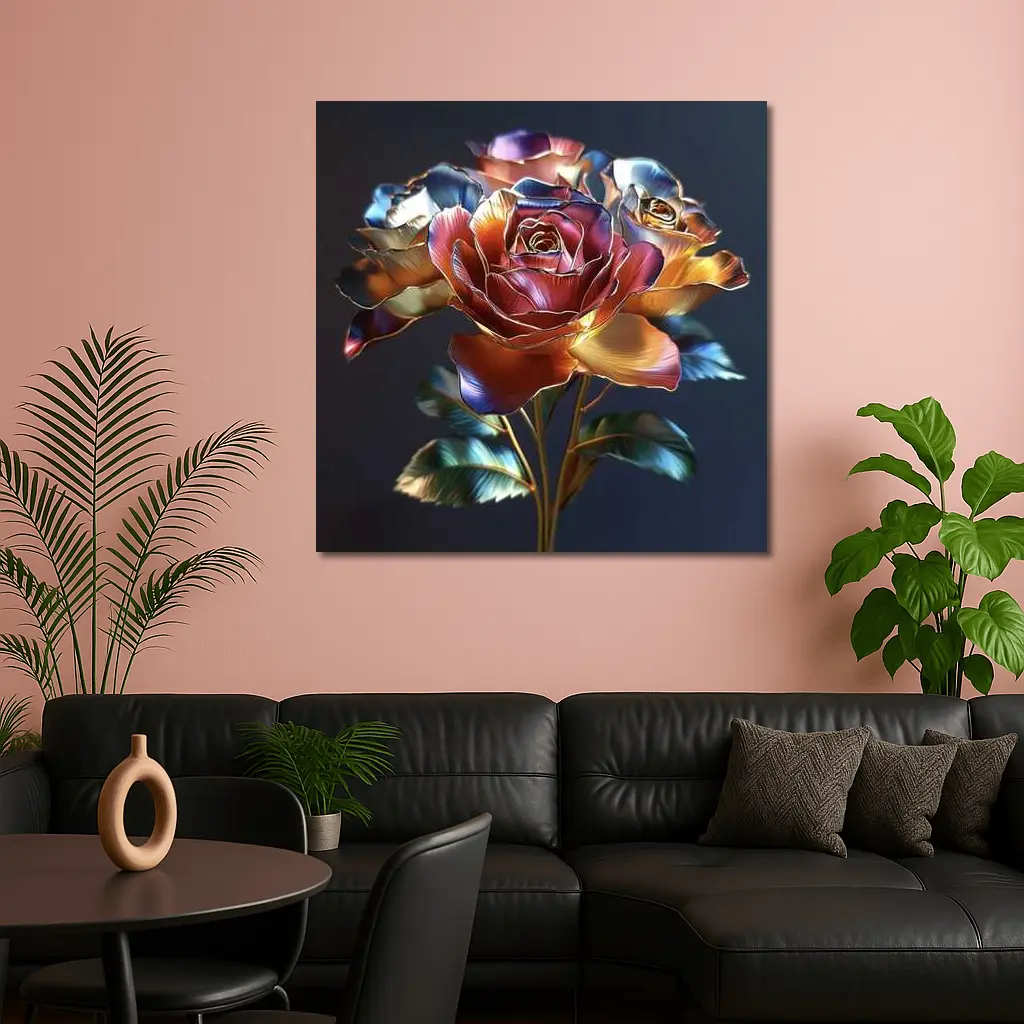 Metallic Roses Bouquet Dark Blue Background – Wall Art