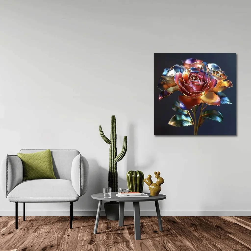 Metallic Roses Bouquet Dark Blue Background – Wall Art