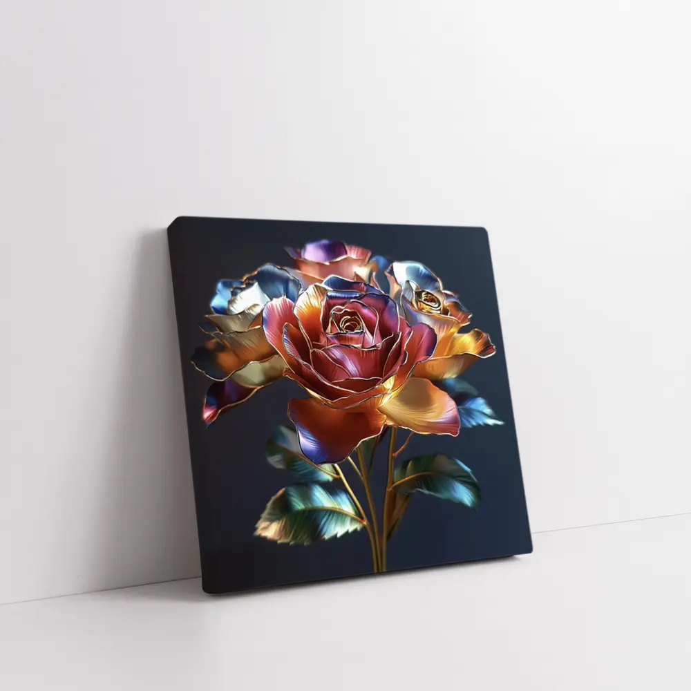 Metallic Roses Bouquet Dark Blue Background – Wall Art