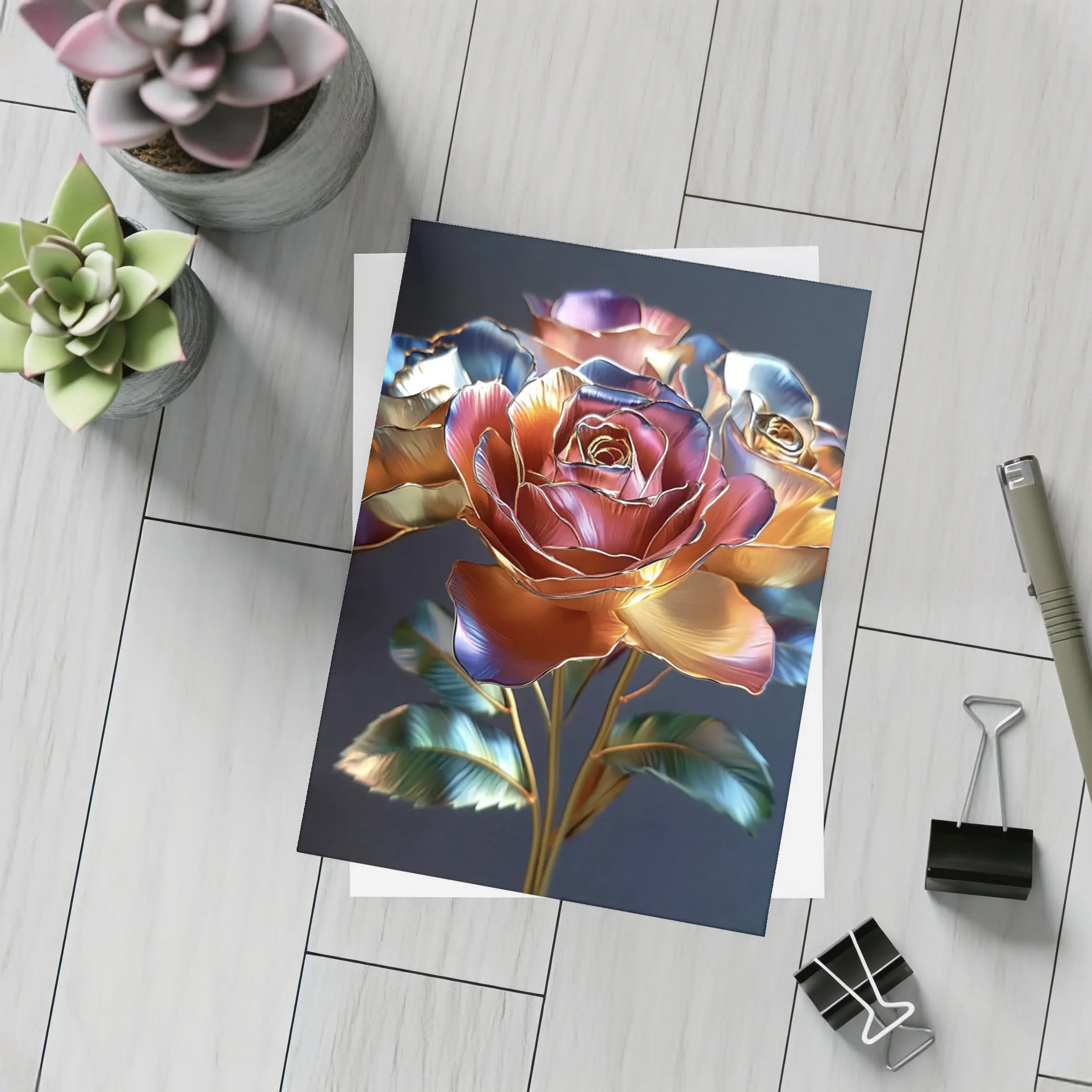 Metallic Roses Bouquet Dark Blue Background – Postcards