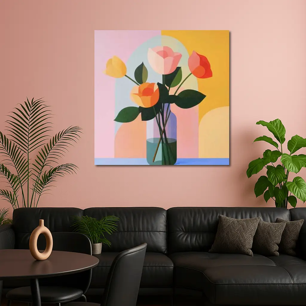 Roses in Vase Colorful Geometric Background – Wall Art