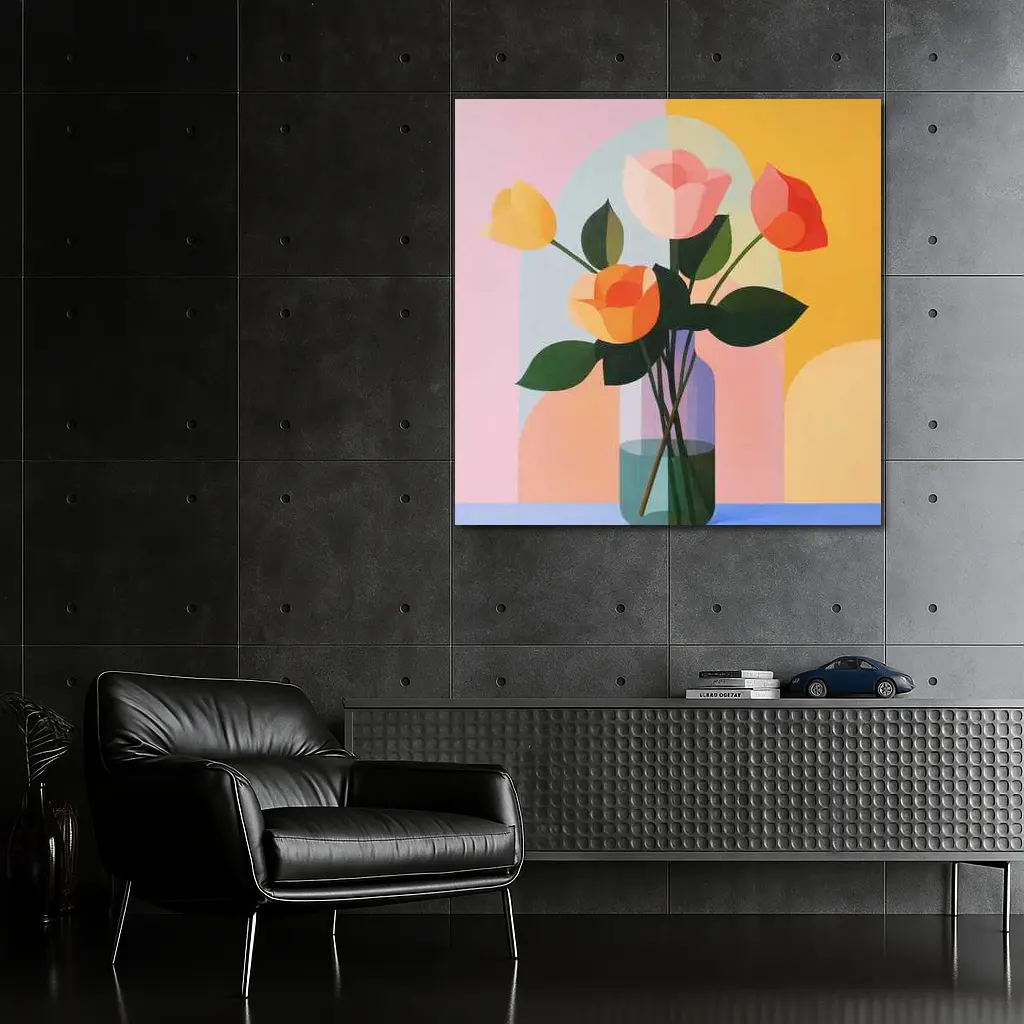 Roses in Vase Colorful Geometric Background – Wall Art